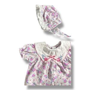 Floral Vintage 1980’s Matching Set Baby Girl 6-9 Months Romper & Bonnet Coquette